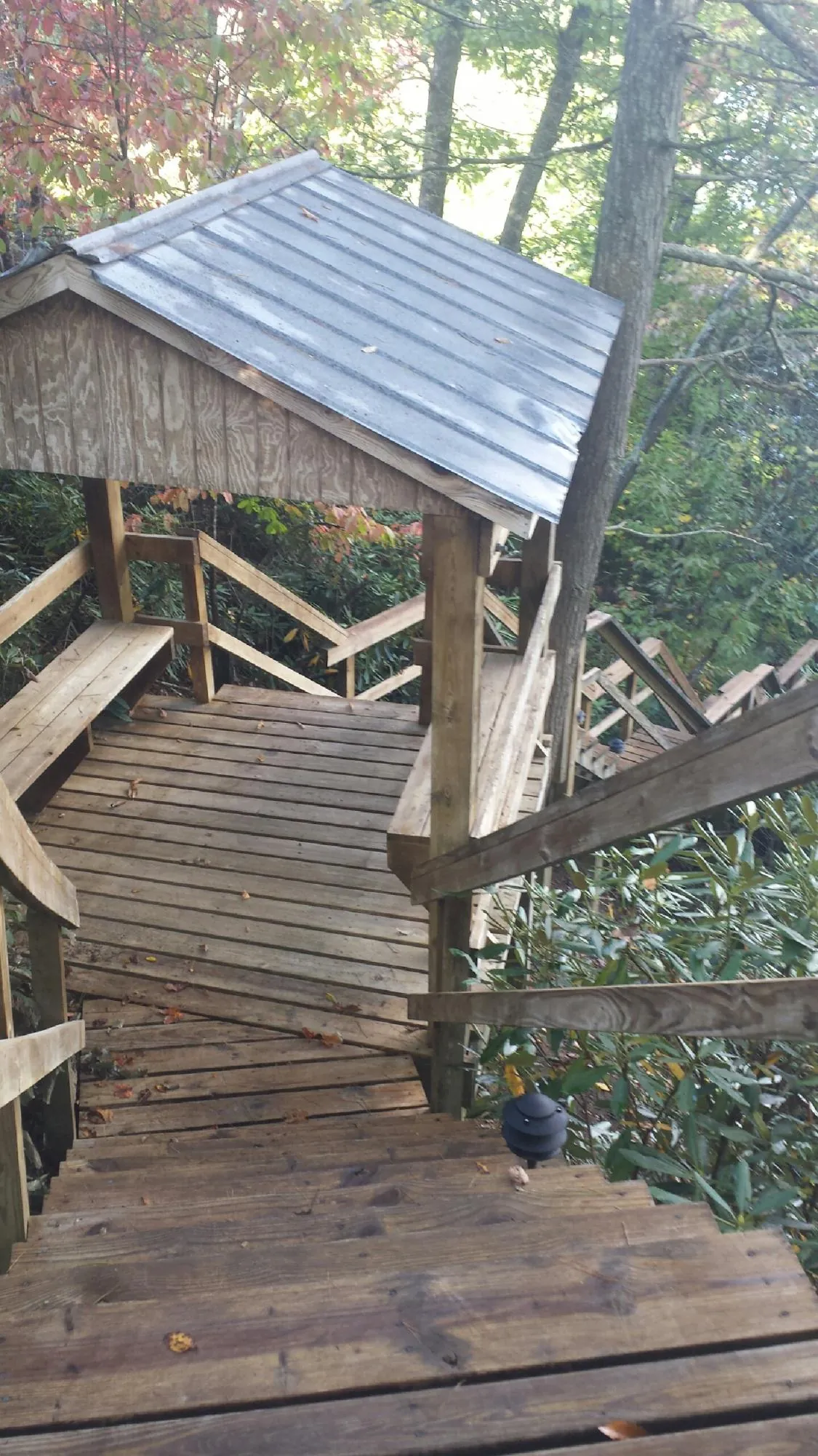 Metal roofed shelter over wooden steps on a wooded walkway — Skylight Repair & Installation work by our crew in Lyons